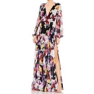 Mac Duggal. Floral Print Illusion Long Sleeve V Neck Gown.